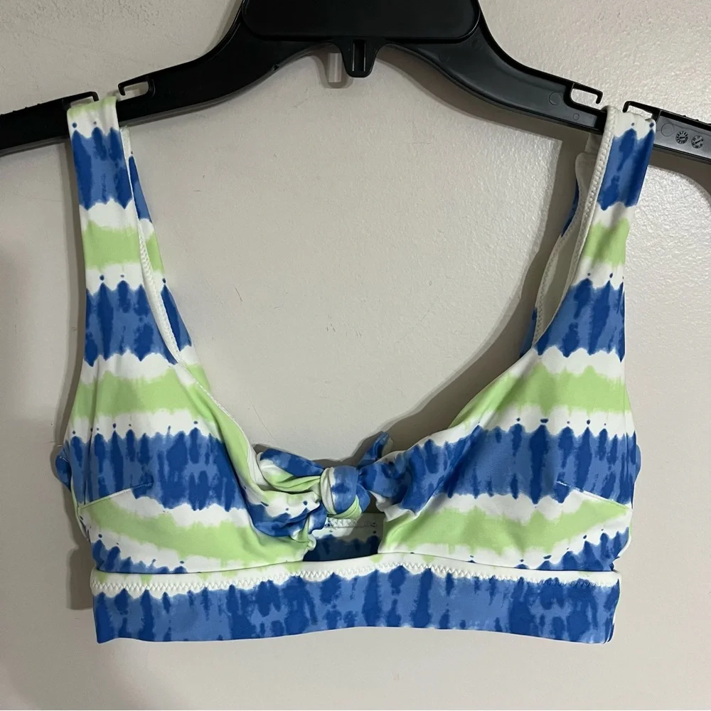 Aerie Blue & Green Striped Scoop Bikini‎ Top Size Small Tie Front Beach Summer